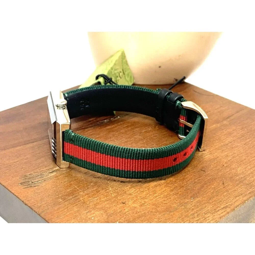Gucci Women's Watch YA147408 G-Frame Green Red Dial Swiss Quartz Tank Nylon Band
